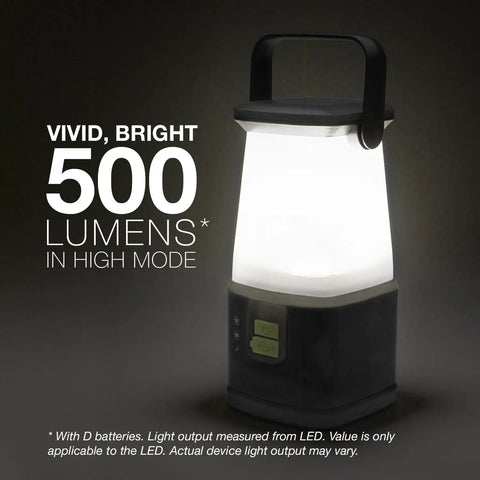 WeatherReady LED Camping Lantern Pro 360 IPX4 Water Resistant Tent Light showing 500 lumens brightness and power buttons.