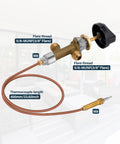 Low Pressure LPG Propane Fire Pit Flame Failure Safety Control Valve Kit Replacement Part With Three Eighths Inch Flare Inlet And Outlet Brass Construction for grills fire pits fireplaces and heaters showing brass body, thermocouple, and flare threads.