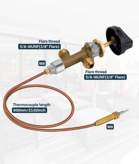 Low Pressure LPG Propane Fire Pit Flame Failure Safety Control Valve Kit Replacement Part With Three Eighths Inch Flare Inlet And Outlet Brass Construction for grills fire pits fireplaces and heaters showing brass body, thermocouple, and flare threads.