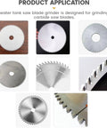 Boss Grade Circular Saw Blade Sharpener, 550W Electric Grinder for Carbide Tipped Teeth, various carbide saw blades shown.