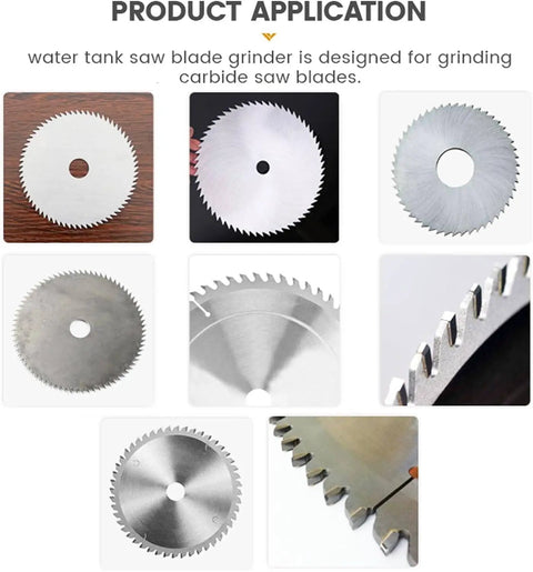 Boss Grade Circular Saw Blade Sharpener, 550W Electric Grinder for Carbide Tipped Teeth, various carbide saw blades shown.