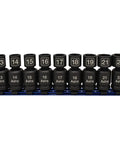 11 Piece One Half Inch Drive Nano Pinless Universal Impact Socket Set Metric on a blue holder, sizes 12 to 24 mm