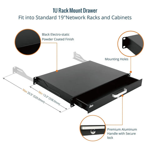 Built Strong 1U Rack Drawer For 19 Inch Server Cabinets Glides Open Easy With Reliable Drop Down Lock Heavy Gauge Cold Rolled Steel Holds Firm Up To 44 Pounds Includes Smart Cable Routing For No Fuss Setup Organization