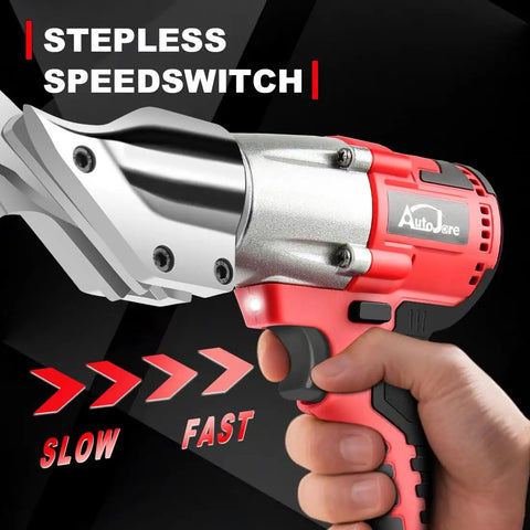 Beast Mode Cordless Metal Shear 400 Nm Torque Brushless Motor cuts steel and aluminum with stepless speedswitch in hand.