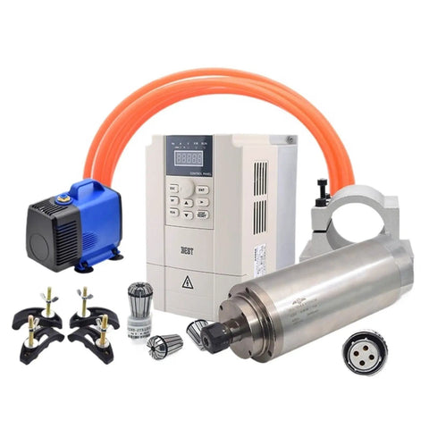 Heavy Duty 5.5 KW Water Cooled CNC Spindle Motor With Slick Rotary Inverter And ER25 Collet components including pump, inverter, and tubing.