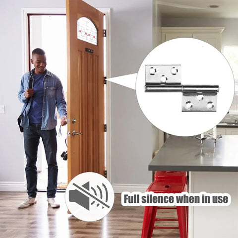 Man entering home with focus on stainless steel lift off door hinges set of 10 for doors and wardrobes, detachable flag shaped hinges.
