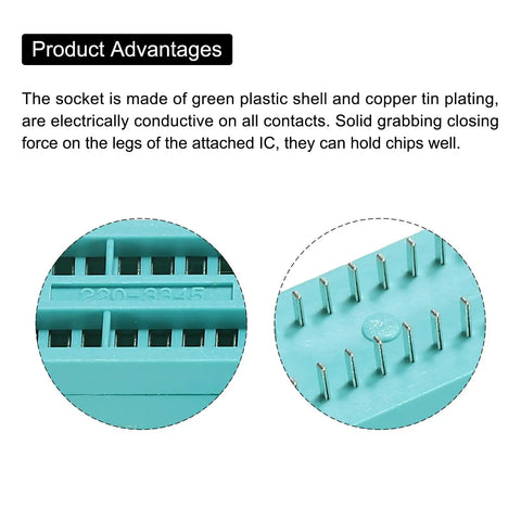 Close-up of Universal ZIF IC Socket 20 Pin 2.54mm Pitch showing green plastic shell and copper tin plating details