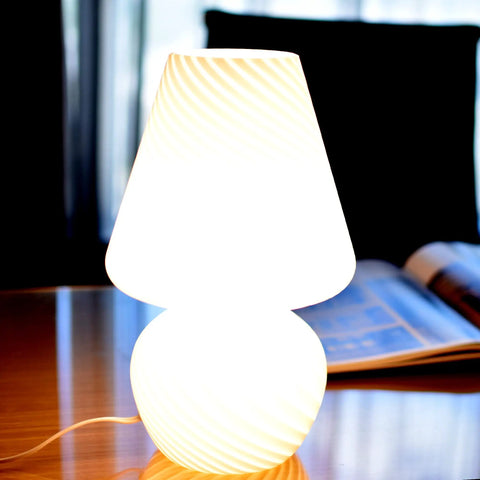 Tall Mushroom Glass Table Lamp With Romantic 12 Inch Vintage Swirl Mid Century Design on wooden table near open book