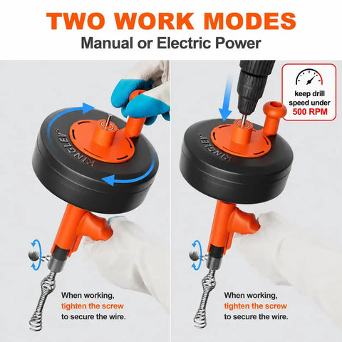 Image of Twenty Five Foot Flexible Steel Drain Auger With Drill Adapter with manual and electric operation instructions.