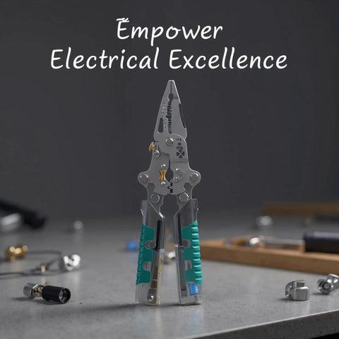 Premium 2Pcs Foldable Wire Stripper Set With Built-In Voltage Tester, 13-in-1 Electrician Pliers displayed on a gray background, emphasizing functionality.