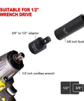 Three Eighths Inch Drive Impact Socket Set adapter and socket with 1/2 inch cordless wrench, showing connection setup.