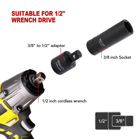 Three Eighths Inch Drive Impact Socket Set adapter and socket with 1/2 inch cordless wrench, showing connection setup.