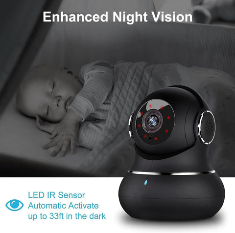 2K Indoor Security Camera With 360 Degree Pan Tilt Motion Alerts Pet Camera Baby Monitor Phone App Control Night Vision 2 4 GHz WiFi Only For Home Security, enhanced night vision feature, LED IR sensor activated in dark, with sleeping baby in background.