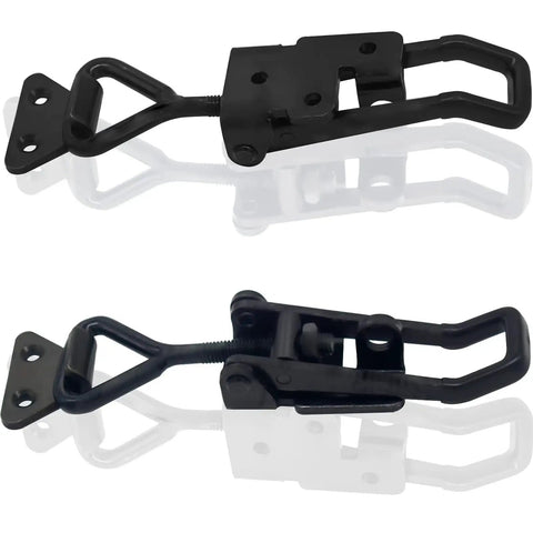 Beefy Four Pack Heavy Duty Toggle Latch Clamps With Lock Hook 1320 Lb Capacity in black, shown unlocked and locked