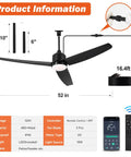 Diagram of Waterproof Outdoor Ceiling Fan With Light 52 Inch With App And Remote Control detailing dimensions and features.