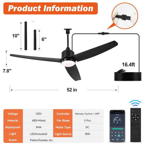 Diagram of Waterproof Outdoor Ceiling Fan With Light 52 Inch With App And Remote Control detailing dimensions and features.