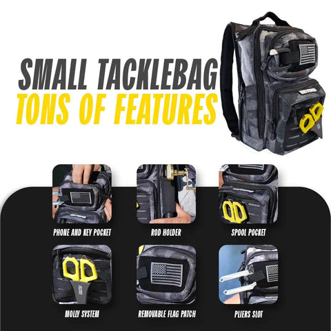 Compact Tackle Backpack For On The Go Fishing The Voyager Black Onyx with pockets and gear slots visible.