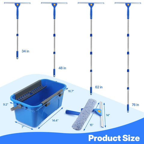 Image showing Pro Grade Window Cleaning Kit With 3 Gallon Bucket, 76 Inch Long Handle Squeegee, Microfiber Scrubber, and five stainless poles.