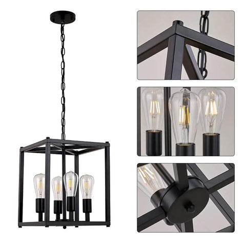 Four Light Black Farmhouse Pendant Chandelier For Entryway Hallway And Dining Room, Industrial Mid Century Ceiling Light Fixture For E26 Base, Dimmable