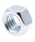 Finished Hex Nuts Three Eighths Inch Sixteen Threads Zinc Plated Steel Grade A A563 Pack Of Fifty Built Tough For Bolts Cap Screws Or Threaded Rod With Washers To Distribute Load Prime Line, close-up of a steel hex nut showing internal threading and zinc plating.