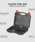 Open grab and go portable plastic tool box with integrated handle and secure red latches for workshop and garage storage
