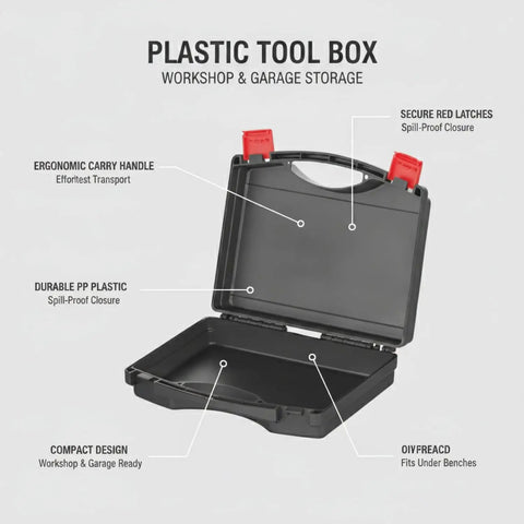 Open grab and go portable plastic tool box with integrated handle and secure red latches for workshop and garage storage