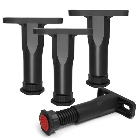 No Sweat Height Tweaks On Reliable Adjustable Bed Legs 4 Pack Swivel Base Furniture Feet in black, adjustable height 5.3 to 9.1 inches.