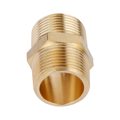 Go-To Solid Brass Pipe Fitting Hex Nipple Three Quarter Inch By Three Quarter Inch NPT Male Adapter close-up view