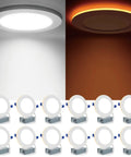 12 Pack 6 Inch LED Recessed Ceiling Downlights With Adjustable 5CCT Color Temperature And Super Smooth Amber Night Light White Trim IC Rated No Sweat Installation with different light settings.