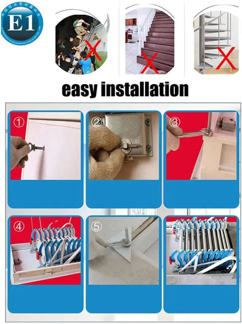 Easy installation steps for Slick Remote Control Electric Attic Stairs Telescopic Loft Ladder with tools and components.