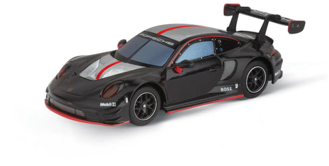 Close-up of Porsche 911 GT3 R slot car from Hybrid Highway Challenge Racing Set Dope Next Gen Vibe With Porsche 911 GT3 R In One To Fifty Scale Hybrid Technology With AI Support And Easy Smartphone App Control For Realistic High Performance Slot Car Fun, showing sleek black design with red accents.
