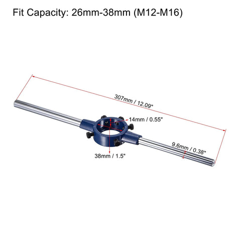 Round Die Stock Handle Wrench Set With 5/8-18 UNF Thread Die And 38mm Die Holder Adjustable For Bolt Thread Repair shown with measurements