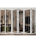 Five Panel Aluminum Folding Glass Door In White With Low E Tempered Glass And Heavy Duty Rollers in a cozy living room setting.