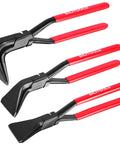 Three Piece Hand Seamer Set For Sheet Metal Bending With Straight 45 Degree And 90 Degree Jaws Two And Three Eighths Inch Wide Pliers