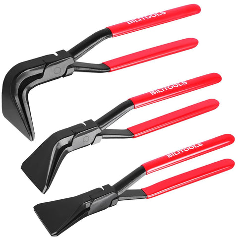 Three Piece Hand Seamer Set For Sheet Metal Bending With Straight 45 Degree And 90 Degree Jaws Two And Three Eighths Inch Wide Pliers
