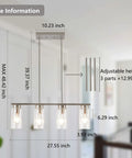 Modern Farmhouse Dining Room Chandelier With 4 Lights For Kitchen Island, Nickel Finish, adjustable height dimensions shown