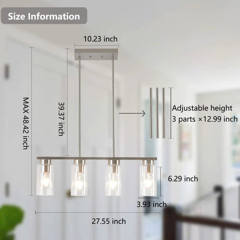 Modern Farmhouse Dining Room Chandelier With 4 Lights For Kitchen Island, Nickel Finish, adjustable height dimensions shown