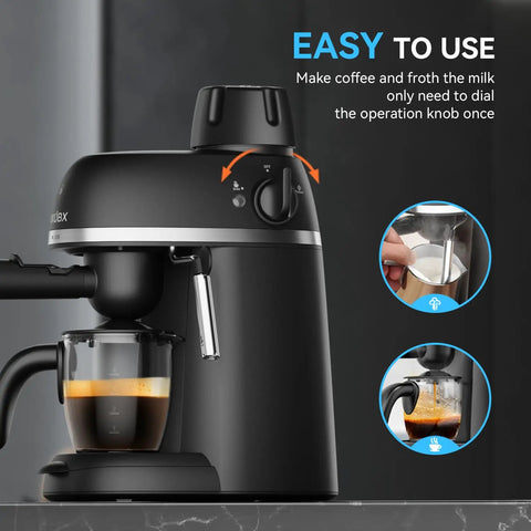 3.5 Bar Espresso And Cappuccino Machine With Steam Wand For Quick Lattes At Home, showing steam wand and espresso making