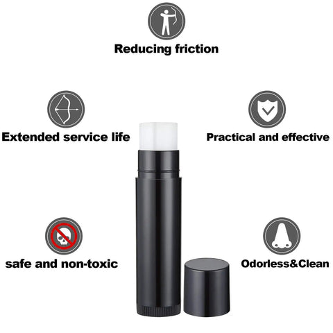 Five Piece Bow String Wax Kit Waterproof Rail Lube for Archery Outdoors tube showing benefits such as reducing friction and being odorless