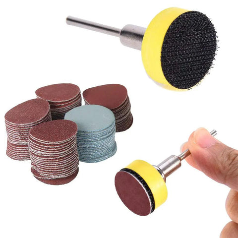 All In One Pro Grade 100 Piece 1 Inch Sanding Discs Kit With One Eighth Inch Shank for Dremel Rotary Tool displayed with discs and shank