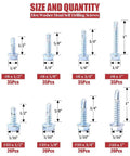 Zinc Plated Hex Washer Head Self Drilling Sheet Metal Screws Assortment Kit including Number Eight and Number Ten sizes with dimensions.