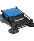 Pro Grade 32 Inch Manual Push Sweeper Featuring Dual Adjustable Brooms And Rigid All Plastic Housing For Swift Driveway Clearing And No Sweat Yard Debris Cleanup Folds Upright, showing blue and black push sweeper.