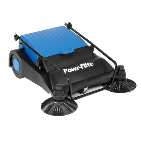 Pro Grade 32 Inch Manual Push Sweeper Featuring Dual Adjustable Brooms And Rigid All Plastic Housing For Swift Driveway Clearing And No Sweat Yard Debris Cleanup Folds Upright, showing blue and black push sweeper.