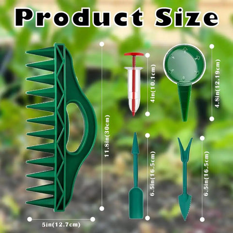 Versatile 7 Piece Seed Spreader Set With 12 Hole Seeder And Handheld Garden Planting Tool shown with size measurements
