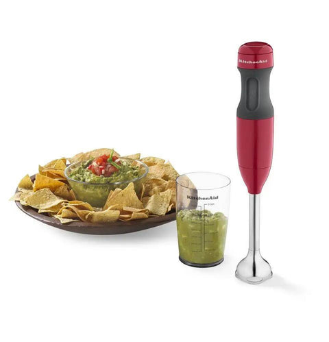 Kickass 2 Speed Hand Blender With Secure Locking Arm And Razor Sharp Stainless Steel Blade For No Sweat Puree And Soup Prep In Bold Empire Red Colorway Ready Fast next to guacamole and chips.