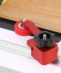 Dang Tough Bearing Roller Featherboards Precision Stock Guides Feed Steady On Table Saw Router And Band Saw Top Shelf Aluminum Woodworking Safety Accessory In Bold Red, close-up of roller and adjustment knob.
