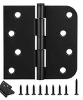 Built Tough Heavy Duty 4 Inch Black Exterior Door Hinges Three Pack with screws, showing round corner design and matte finish.