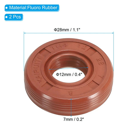 Radial Shaft Seal 12mm X 28mm X 7mm Fluoro Rubber TG4 Oil Seal For Bearing Shaft Oil Pump And Engine Durable 70A Hardness Sealing Tech Built To Last For Heavy Duty Industrial Use Brown 2 Pack, brown seal with size markings