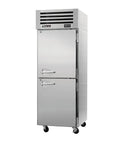 Heavy Duty Commercial Double Door Reach In Freezer With Stainless Steel Shelves And Digital Display, 24.9 cubic feet, on wheels.