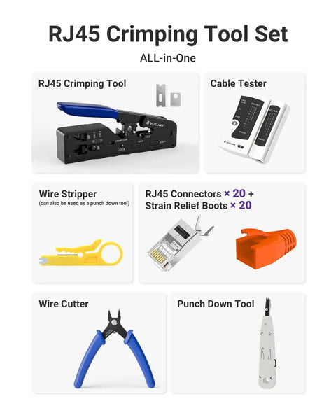 RJ45 Crimp Tool Kit For Pass-Through Ethernet Connectors Cat7 Cat6a Cat6 Cat5e Cat5 Do-It-All Crimper With Screw Adjustment